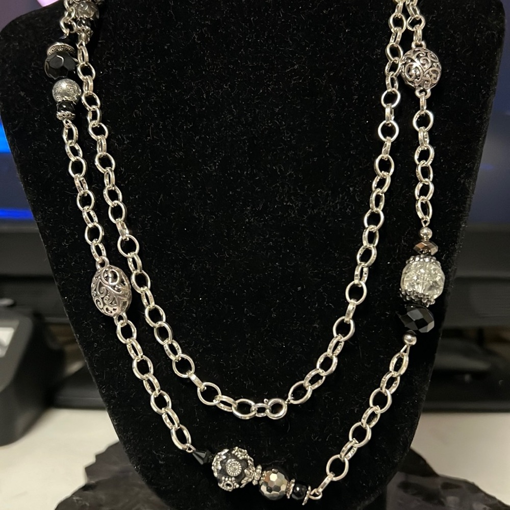 Long Mixed Beaded Silver-Tone Chain Necklace